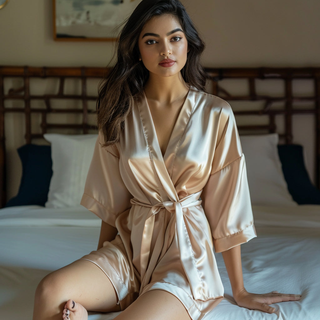 Women Satin Babydoll Belted Kimono Robe