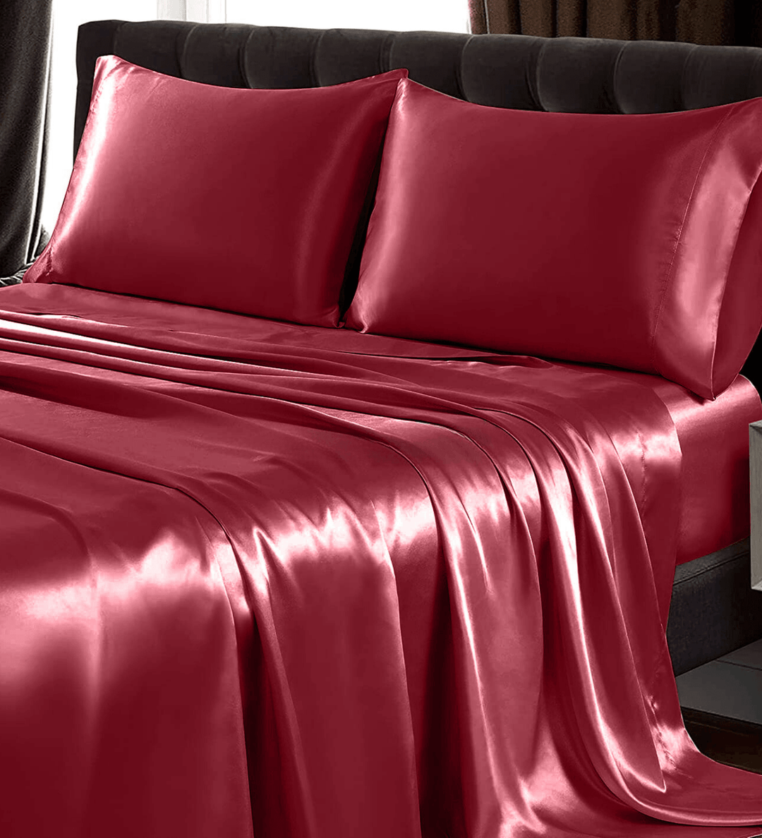 Red Satin Elastic Fitted Sheet with 2 Pillow Covers