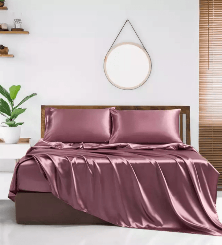 Rose Gold Satin Elastic Fitted Sheet with 2 Pillow Covers