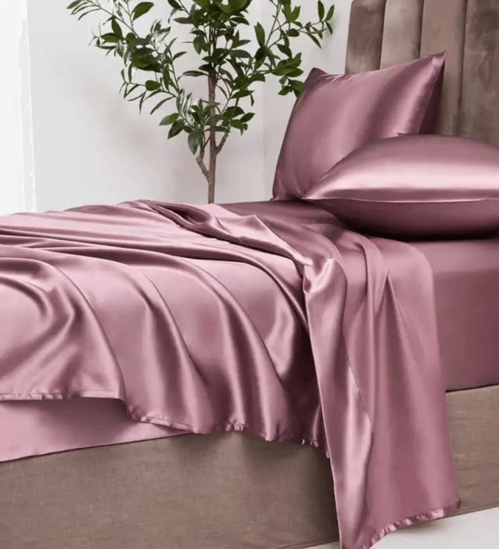 Rose Gold Satin Elastic Fitted Sheet with 2 Pillow Covers