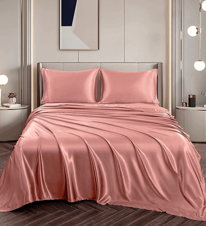 Blush Satin Elastic Fitted Sheet with 2 Pillow Covers