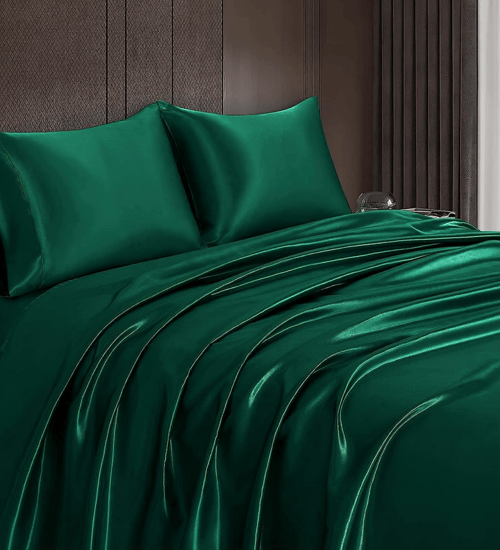 Green Satin Elastic Fitted Sheet with 2 Pillow Covers