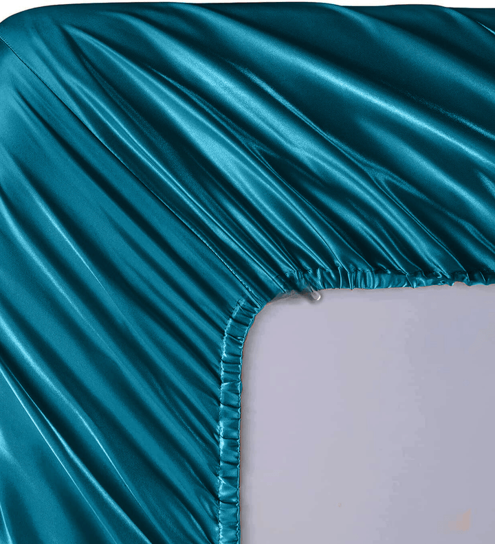 Teal Satin Elastic Fitted Sheet with 2 Pillow Covers