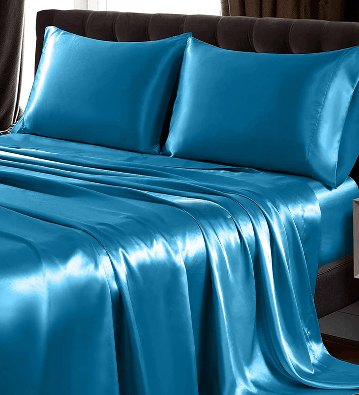 Teal Satin Elastic Fitted Sheet with 2 Pillow Covers