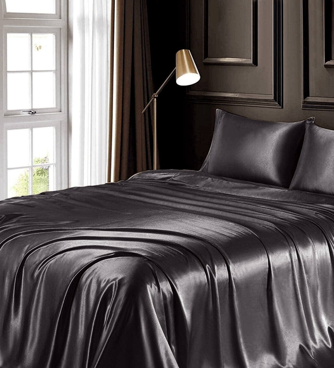 Black Satin Elastic Fitted Sheet with 2 Pillow Covers