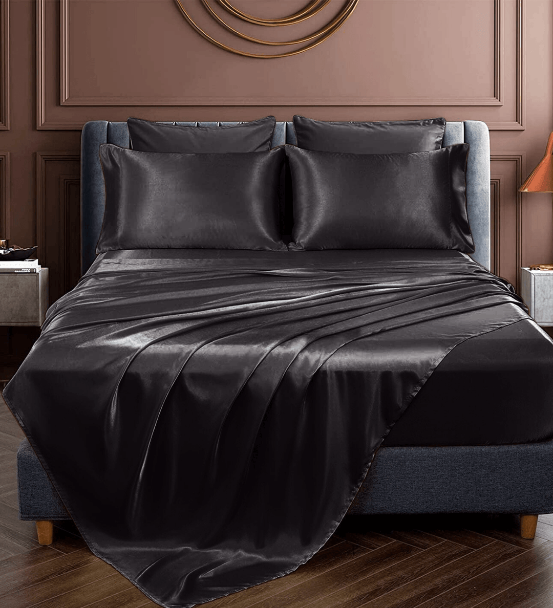 Black Satin Elastic Fitted Sheet with 2 Pillow Covers