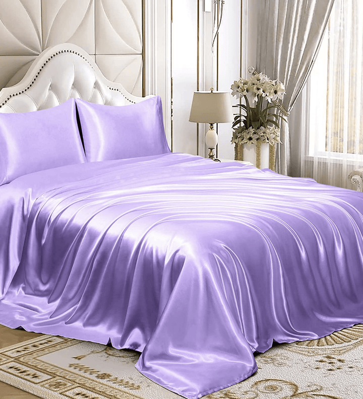 Lavendar Satin Elastic Fitted Sheet with 2 Pillow Covers