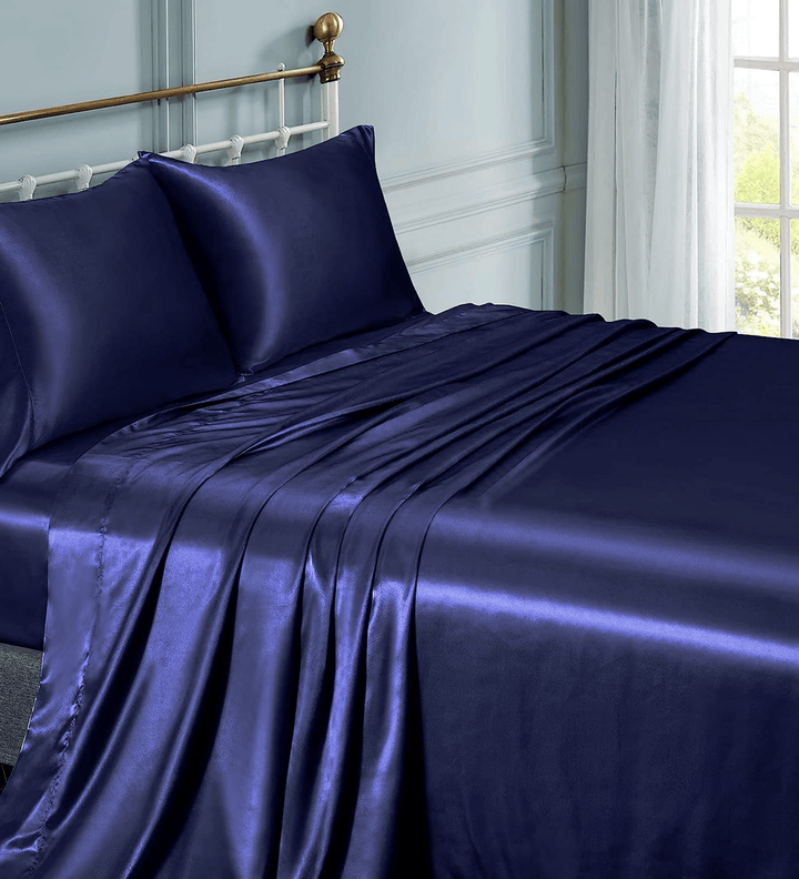 Navy Blue Satin Elastic Fitted Sheet with 2 Pillow Covers