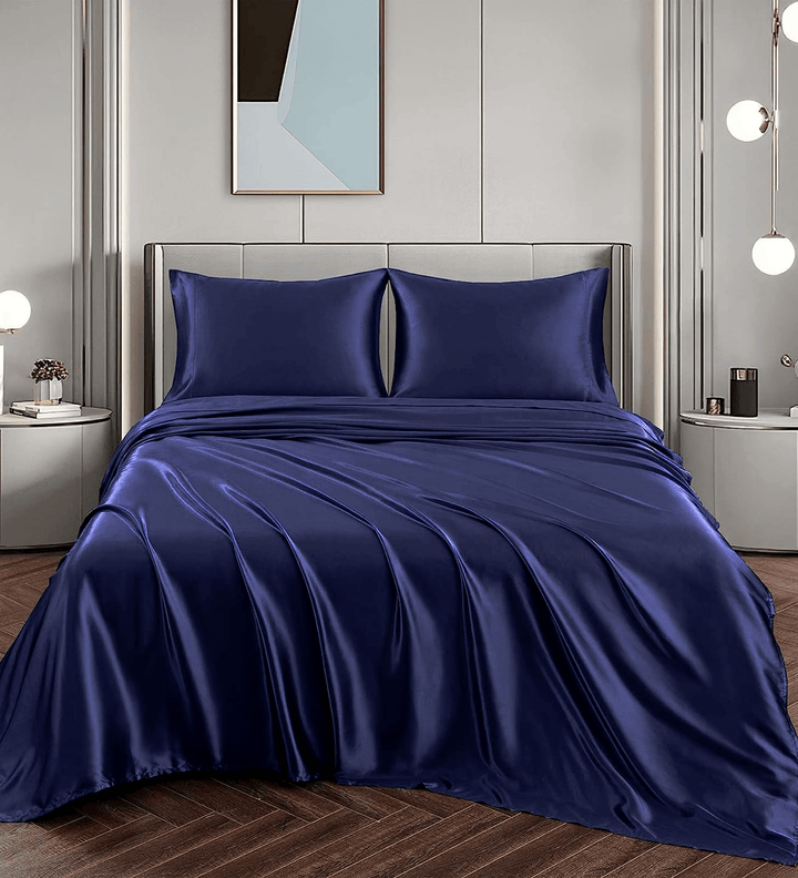 Navy Blue Satin Elastic Fitted Sheet with 2 Pillow Covers