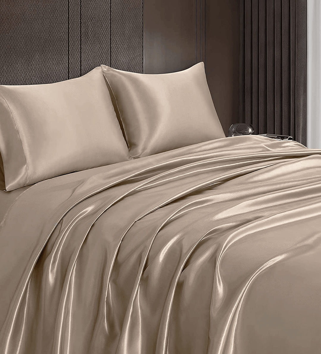 Taupe Satin Elastic Fitted Sheet with 2 Pillow Covers